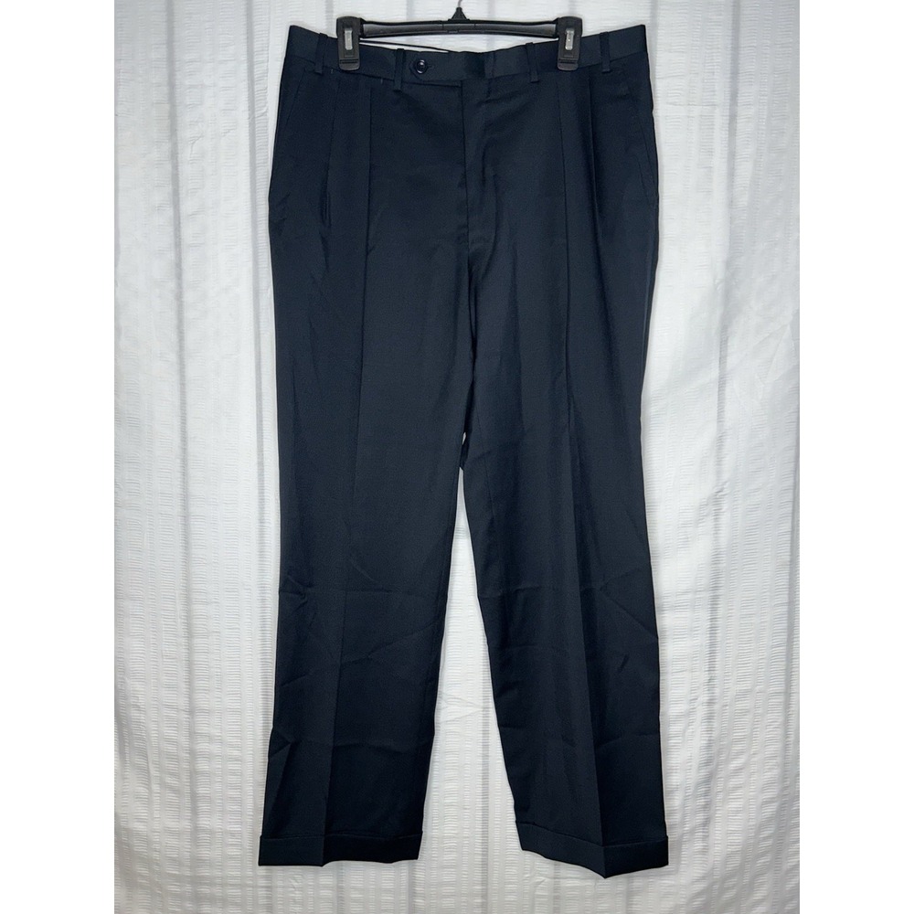 Canali Mens 100% Wool Pleated Trousers Black Italy 36x30 Relaxed Cuff 78120